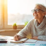 Smiling senior woman planning retirement finances at a desk with charts and calculator, considering an Index Annuity for stable income.