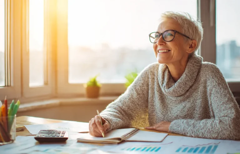Smiling senior woman planning retirement finances at a desk with charts and calculator, considering an Index Annuity for stable income.