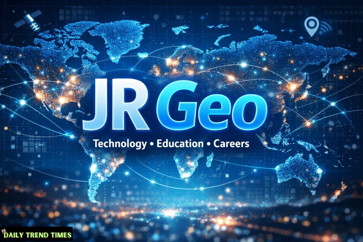 JR Geo digital world map with glowing data connections representing technology, education, and geospatial careers