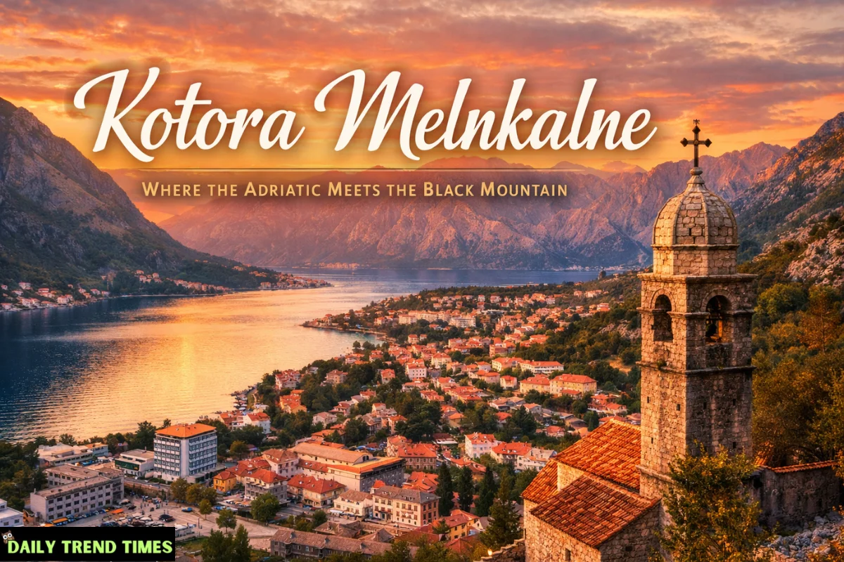 Kotora Melnkalne at sunset overlooking the Bay of Kotor with red rooftops, Adriatic waters, and dramatic mountain backdrop